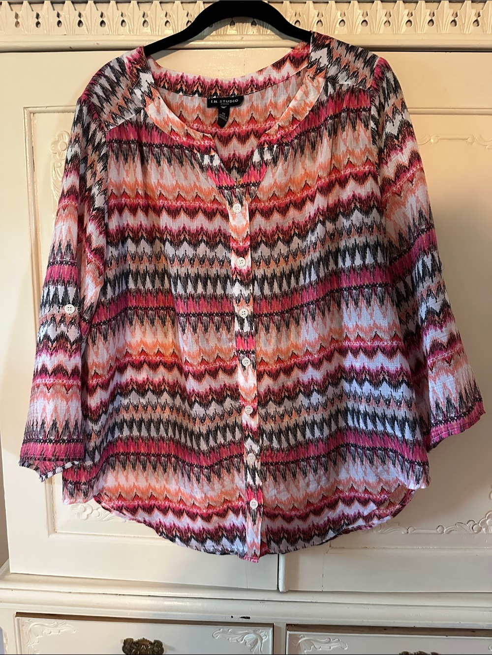 I.N. Studio Pink Orange Chevron Button-Front Tunic